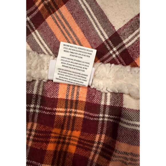 Eddie Bauer Plaid Sherpa Throw Blanket 50" X 60" Tan & Orange Cozy Reversible So - Picture 12 of 14